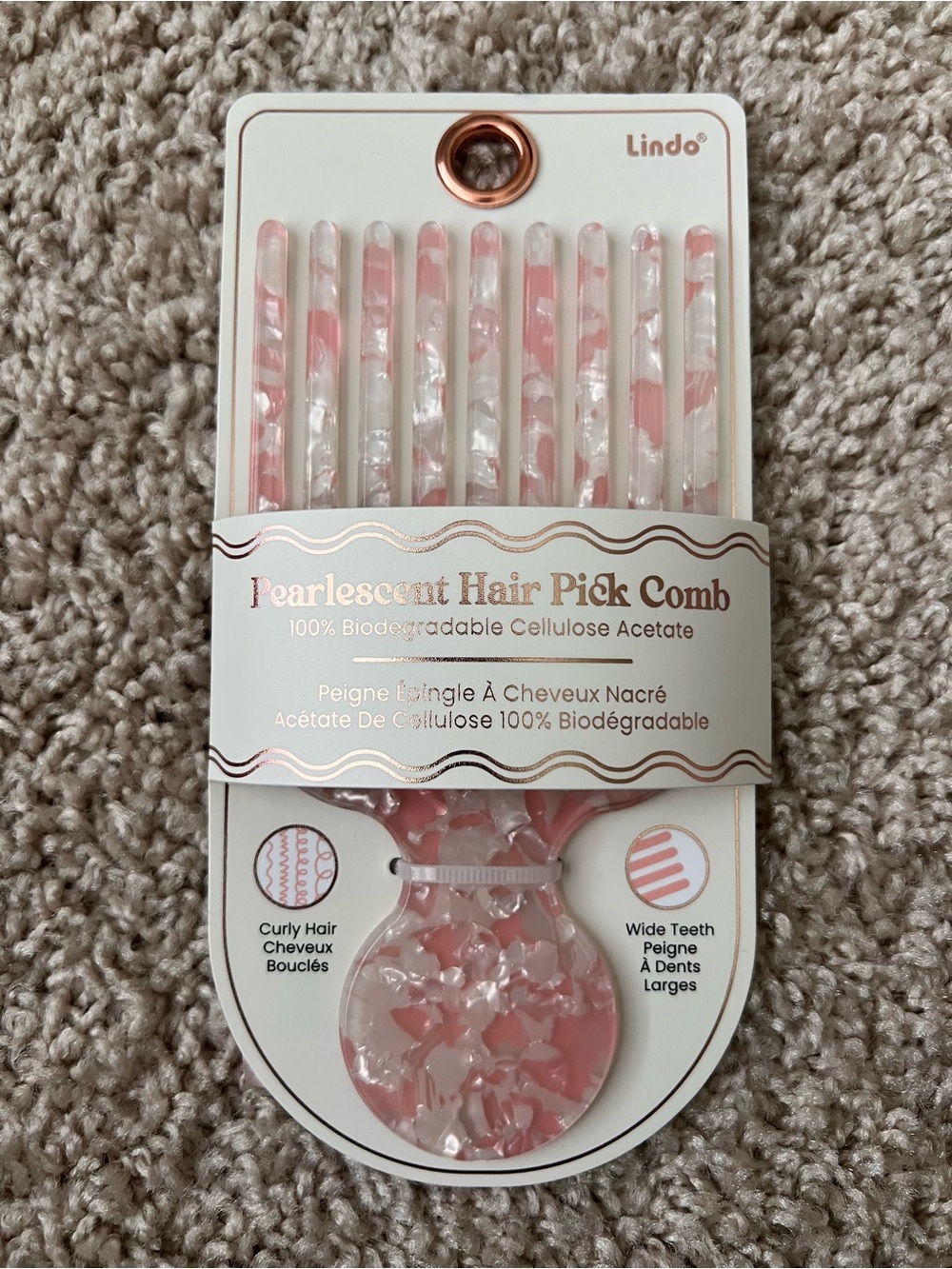 Lindo Pearlescent Pink Wide Tooth Hair Pick Comb Curly - Wet Dry